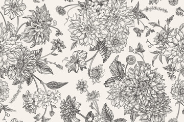 Wall Mural - Seamless pattern with summer and autumn flowers. Vintage floral background in engraving style. Black and white