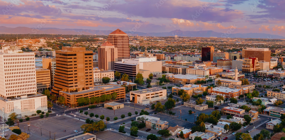 Downtown city skyline of Albuquerque at sunset, New Mexico, United ...