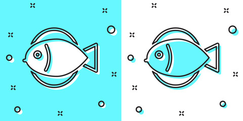 Sticker - Black line Fish icon isolated on green and white background. Random dynamic shapes. Vector