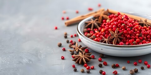 Wall Mural - Star Anise and Pink Peppercorns on a Plate with Isolated Background. Concept Food Photography, Spice Presentation, Culinary Art, Ingredient Display, Minimalist Composition