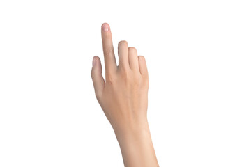 Woman's hand with outstretched index finger. Indicates, pokes, smears, touches. Isolated on white background