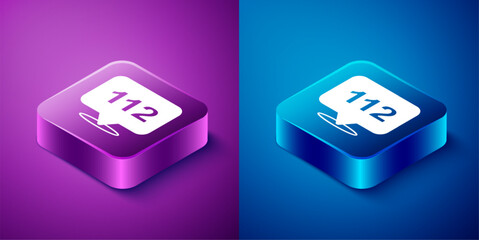 Poster - Isometric Telephone with emergency call 112 icon isolated on blue and purple background. Police, ambulance, fire department, call, phone. Square button. Vector