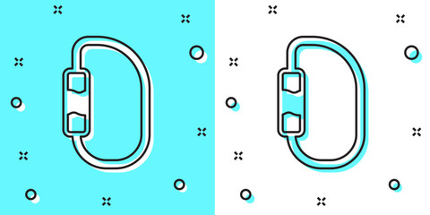 Sticker - Black line Carabiner icon isolated on green and white background. Extreme sport. Sport equipment. Random dynamic shapes. Vector