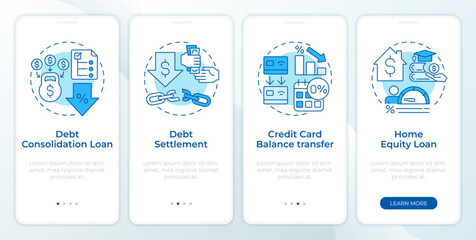 Debt consolidation programs blue onboarding mobile app screen. Walkthrough 4 steps editable graphic instructions with linear concepts. UI, UX, GUI template. Montserrat SemiBold, Regular fonts used