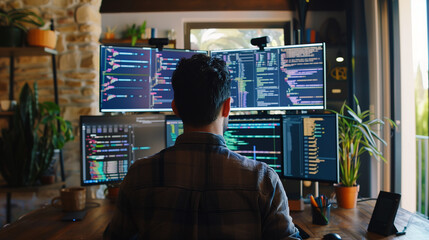back view of software programmer coding on multiple monitor screen and debugging the software code in office