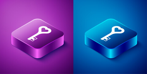 Poster - Isometric Key in heart shape icon isolated on blue and purple background. Happy Valentines day. Square button. Vector