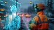 © Nathan - Construction worker using holographic interface on busy road