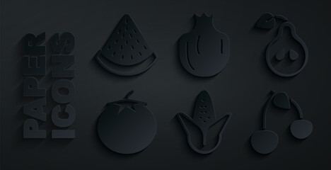 Sticker - Set Corn, Pear, Tomato, Cherry, Pomegranate and Watermelon icon. Vector