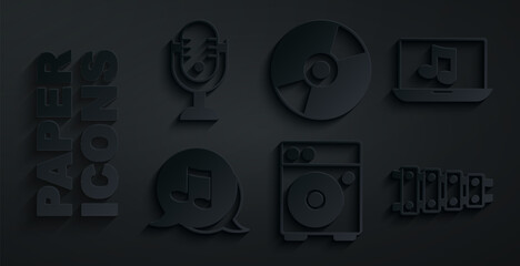 Sticker - Set Guitar amplifier, Laptop with music, Music note, tone, Xylophone, Vinyl disk and Microphone icon. Vector