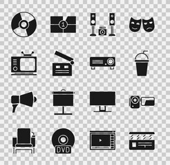 Poster - Set Movie clapper, Cinema camera, Paper glass with straw, Home stereo two speakers, Retro tv, CD or DVD disk and Movie, film, media projector icon. Vector