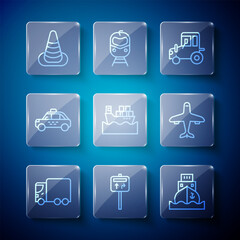 Wall Mural - Set line Delivery cargo truck, Road traffic signpost, Cargo ship, Tractor, with boxes, Taxi, Traffic cone and Plane icon. Vector