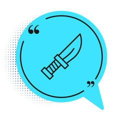 Poster - Black line Dagger icon isolated on white background. Knife icon. Sword with sharp blade. Blue speech bubble symbol. Vector