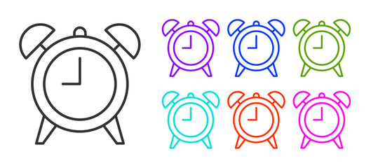 Sticker - Black line Alarm clock icon isolated on white background. Wake up, get up concept. Time sign. Set icons colorful. Vector