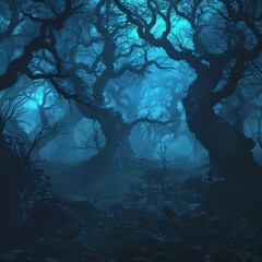 Wall Mural - A dark, twisted forest with gnarled trees and glowing blue mist