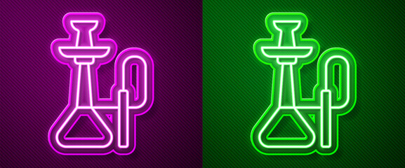 Poster - Glowing neon line Hookah icon isolated on purple and green background. Vector