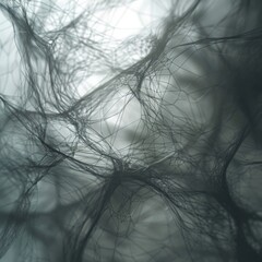 A delicate and intricate web of fine lines and shapes, creating an abstract network that appears both fragile and complex, suspended in a serene space