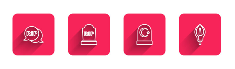 Sticker - Set line Speech bubble rip death, Tombstone with RIP written, Muslim cemetery and Lily flower with long shadow. Red square button. Vector