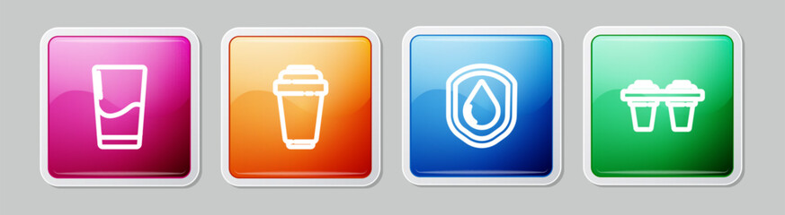 Sticker - Set line Glass with water, Water filter cartridge, Waterproof and . Colorful square button. Vector