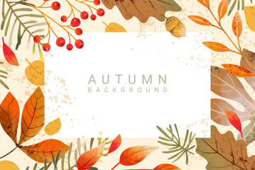 Wall Mural - autumn abstract background with beautiful watercolor leaves and berries. frame with a pattern of lea