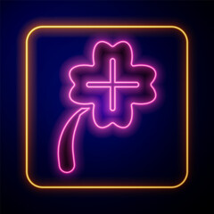 Poster - Glowing neon Casino slot machine with clover symbol icon isolated on black background. Gambling games. Vector