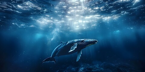 Poster - Majestic Whale Breaching the Dramatic Ocean Surface in Blue Tones