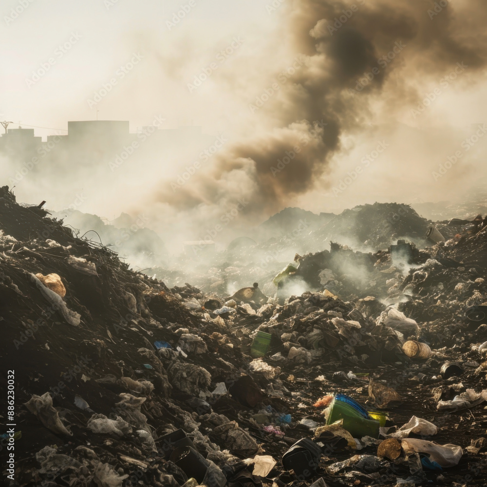 Massive landfill site with rising smoke and garbage piles creating ...