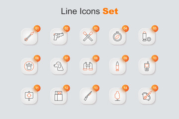 Sticker - Set line Medieval bow and arrow, Tree, Hunting gun, Open matchbox matches, Target sport, Walkie talkie, Bullet and Binoculars icon. Vector