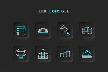 Sticker - Set line Playground climbing equipment, Sport horizontal bar, Sand castle, Swing car, Swedish wall, Toy horse, Monkey and Bench icon. Vector