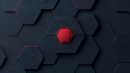 Wall Mural - a minimalist dark navy hexagonal backdrop with a bold ruby red center, highlighted by a smooth 3d lo