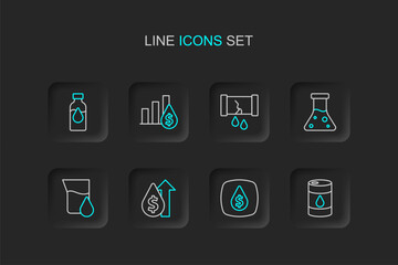 Canvas Print - Set line Barrel oil, Oil drop with dollar symbol, price increase, petrol test tube, Broken pipe valve, Pie chart and and icon. Vector