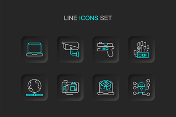 Wall Mural - Set line Cyber security, Computer vision, Motherboard, Global technology, Mechanical robot hand, Futuristic weapon, Security camera and Laptop icon. Vector