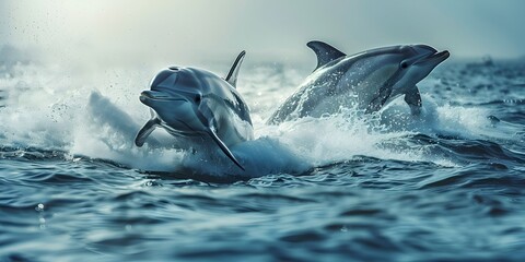 Wall Mural - Dolphins Leaping and Racing Alongside a Boat in Dynamic Ocean Seascape