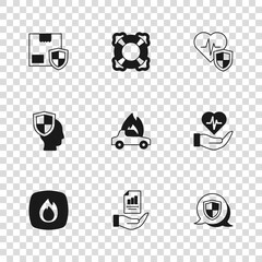 Poster - Set Contract in hand, Life insurance, Shield, Burning car, with shield, Delivery security, Lifebuoy and icon. Vector