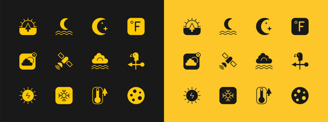 Poster - Set Fahrenheit, Snowflake, Fog and cloud, Thermometer, Satellite, Moon stars, Sunrise and Night fog or smoke icon. Vector