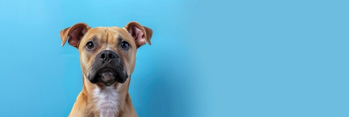 Wall Mural - Brown dog portrait against a blue background. Place for text. Close-up