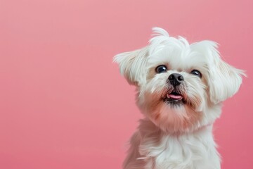 Wall Mural - White dog with pink background. Copy space. Close-up