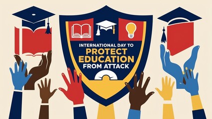 Dynamic illustration for the International Day to Protect Education from Attack, featuring a shield, books, and raised hands in unity.