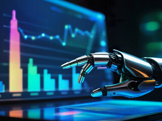 the robot analyzes graphs. artificial intelligence, hand pointing to graph, chart