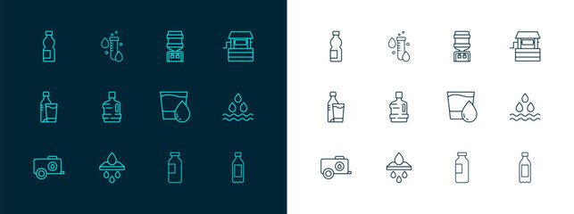 Poster - Set line Well, Water filter cartridge, Glass with water, Bottle of, Big bottle clean, cooler, and Test tube drop icon. Vector