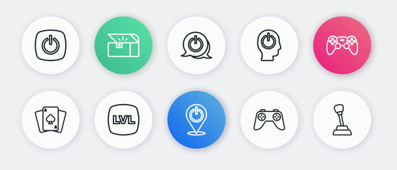 Sticker - Set line Power button, Game controller or joystick, Playing cards, Gear shifter and Level game icon. Vector