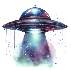 watercolor painting of a ufo. the ufo is a classic flying saucer shape