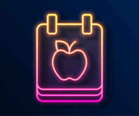 Sticker - Glowing neon line Diet plan icon isolated on isolated on black background. Concept of fitness marathon, proper nutrition, healthy food, beautiful body, vegetables, slimming. Vector