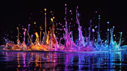 Canvas Print - Vibrant Color Splashes Reflecting on a Dark Surface