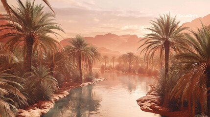 Wall Mural - the vibrant colors of a desert oasis, where lush palms and sparkling pools stand in stark contrast to the arid landscape that surrounds them.