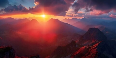 Wall Mural - Dramatic Sunset Over Rugged Mountain Landscape with Warm Colors and Detailed Textures