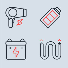 Poster - Set line Battery charge, Car battery, Electric cable and Hair dryer icon. Vector