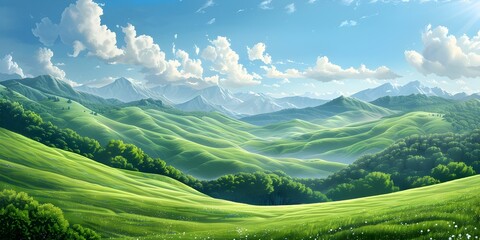 Wall Mural - stunning pastoral landscape with vibrant green hills and mountain range