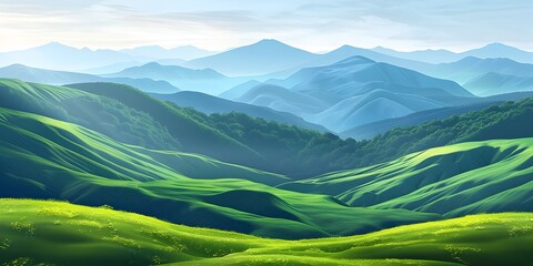 Wall Mural - Majestic Mountain Landscape with Lush Rolling Green Hills and Vibrant Pastoral Scenery