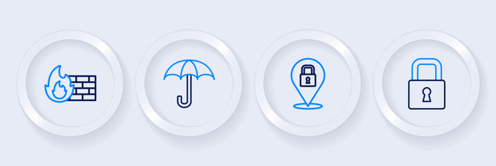 Sticker - Set line Lock, Umbrella and Firewall, security wall icon. Vector