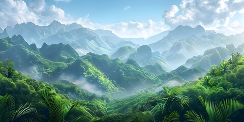 Canvas Print - Lush Green Mountains with Vibrant Tropical Foliage and Natural Serenity Concept